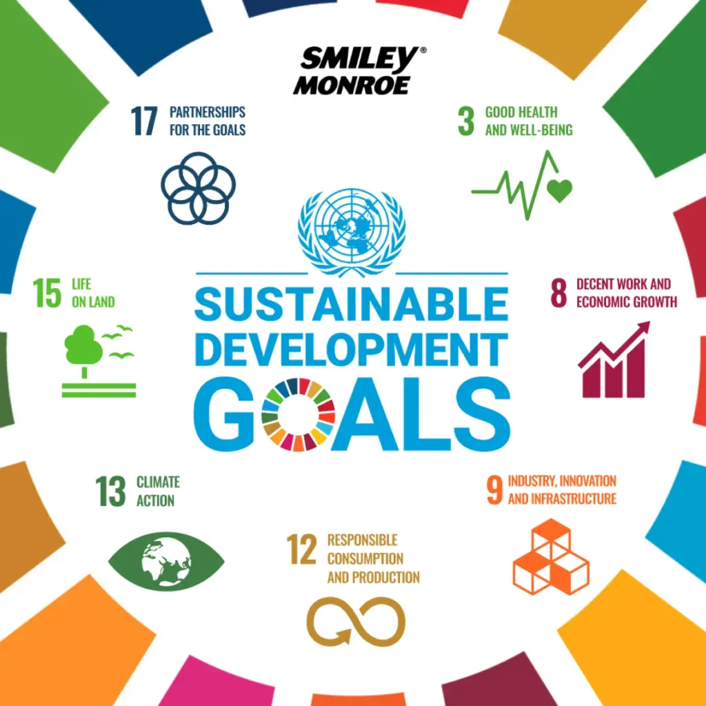 Colorful infographic featuring the United Nations Sustainable Development Goals logo surrounded by icons and text for goals 3, 8, 9, 12, 13, 15, and 17. The Smiley Monroe logo appears at the top.