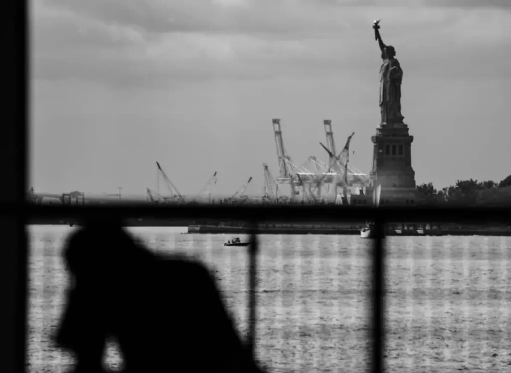 A silhouette of a person sits by a window overlooking the water, with the Statue of Liberty and several cranes visible in the background under a cloudy sky.