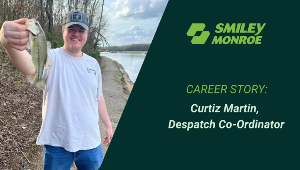 Curtiz Martin holding a fish he has caught up to the camera while smiling, with the text: Career Story: Curtiz Martin, Despatch Co-Ordinator