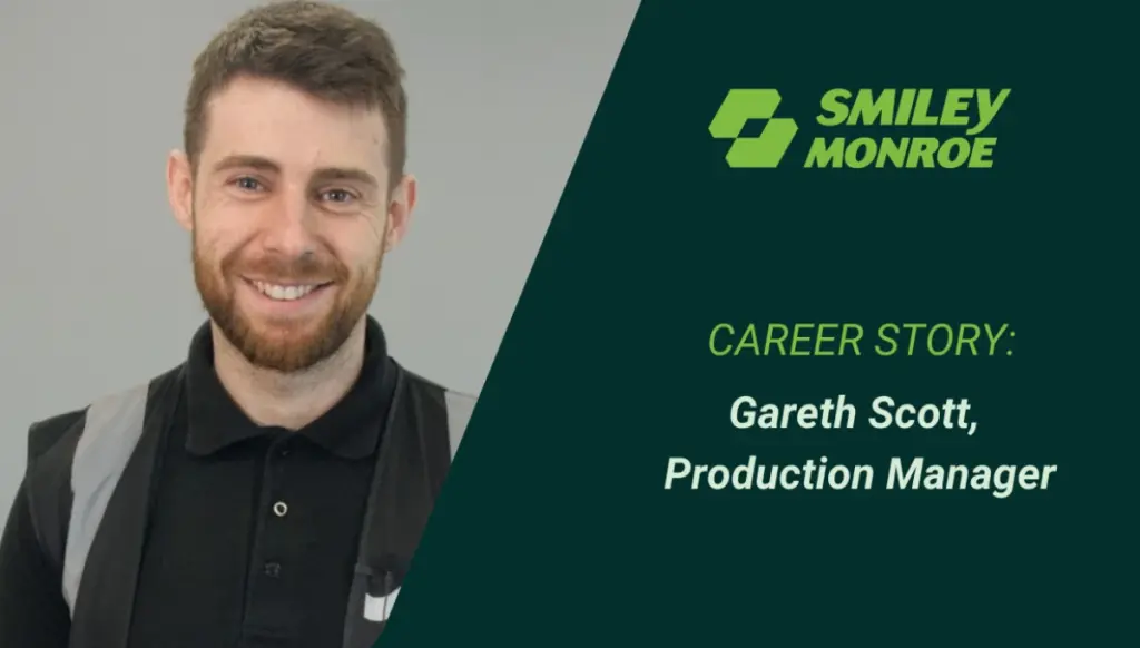 A man in a black polo shirt smiling at the camera, with the text 'Career Story: Gareth Scott, Production Manager'