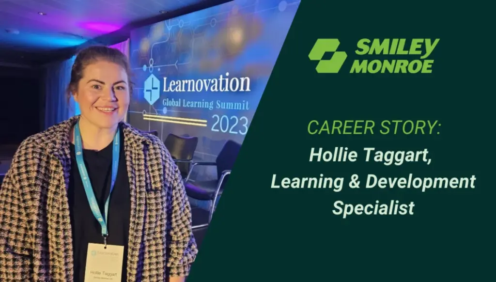 A woman wearing a lanyard and standing in front of a projector screen displaying 'Learnovation Global Learning Summit 2023' with the text 'Career Story: Hollie Taggart, Learning & Development Specialist'